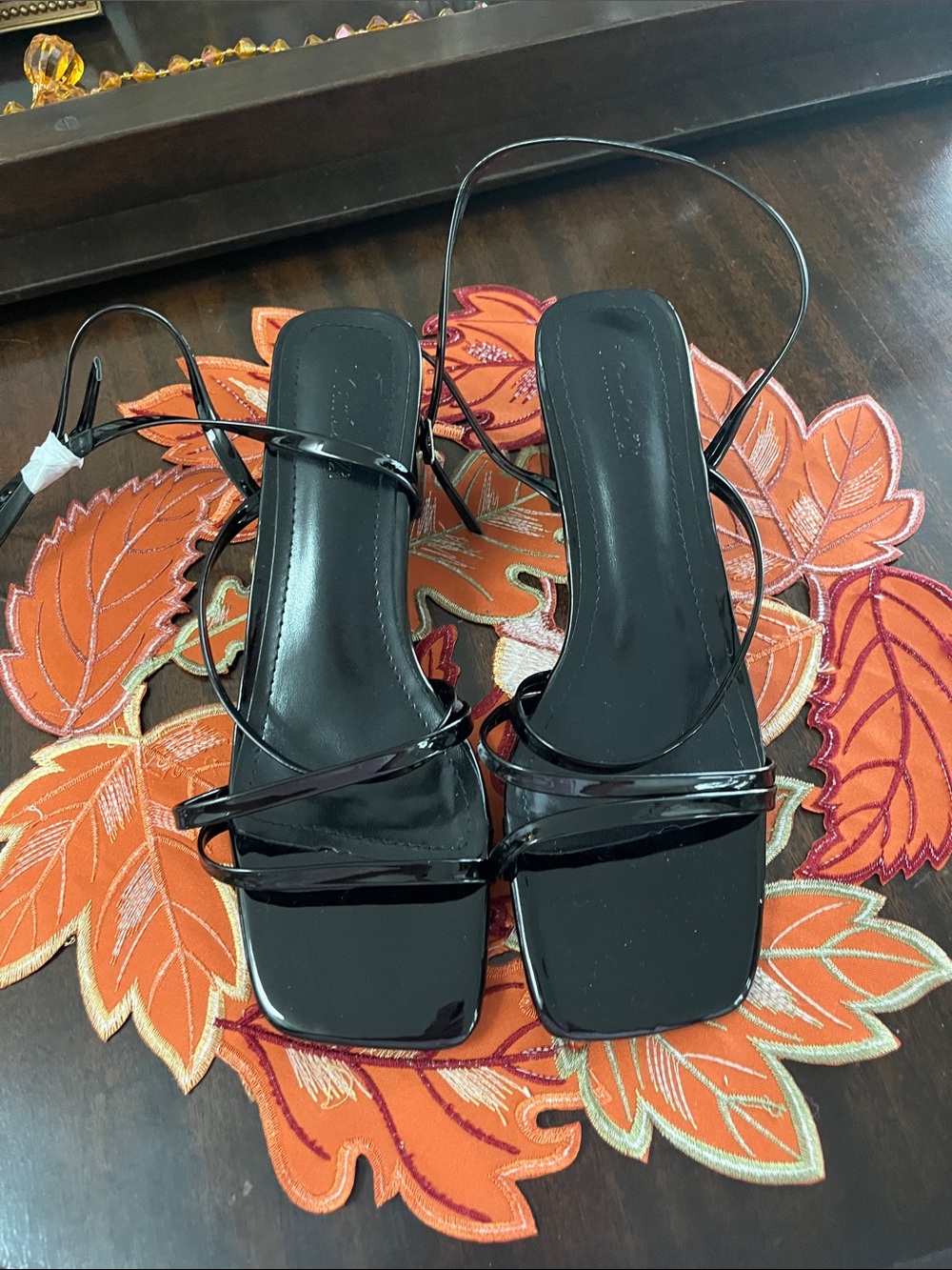 Women's Black Strappy Square-Toe Heeled Sandals
